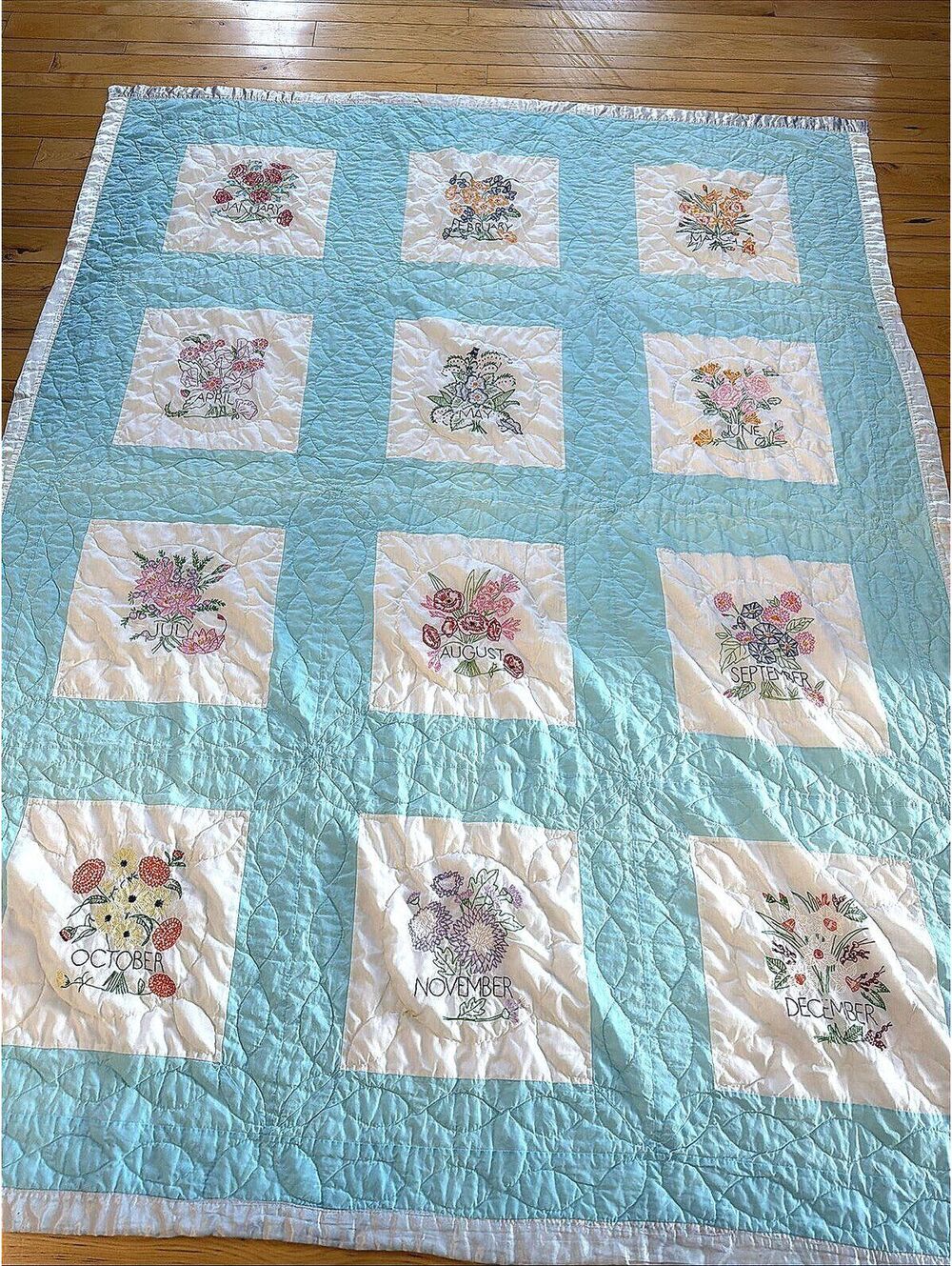 VTG 1950s Calendar Quilt Hand Stitched Floral Embroidered 12 Months 67x86” Blue
